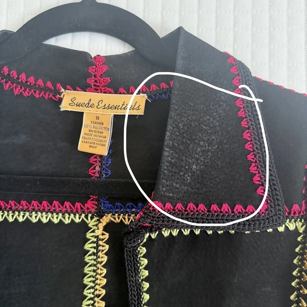 Patchwork Suede Leather Jacket Black Medium Colorful Vtg Boho Crochet Funky 90s